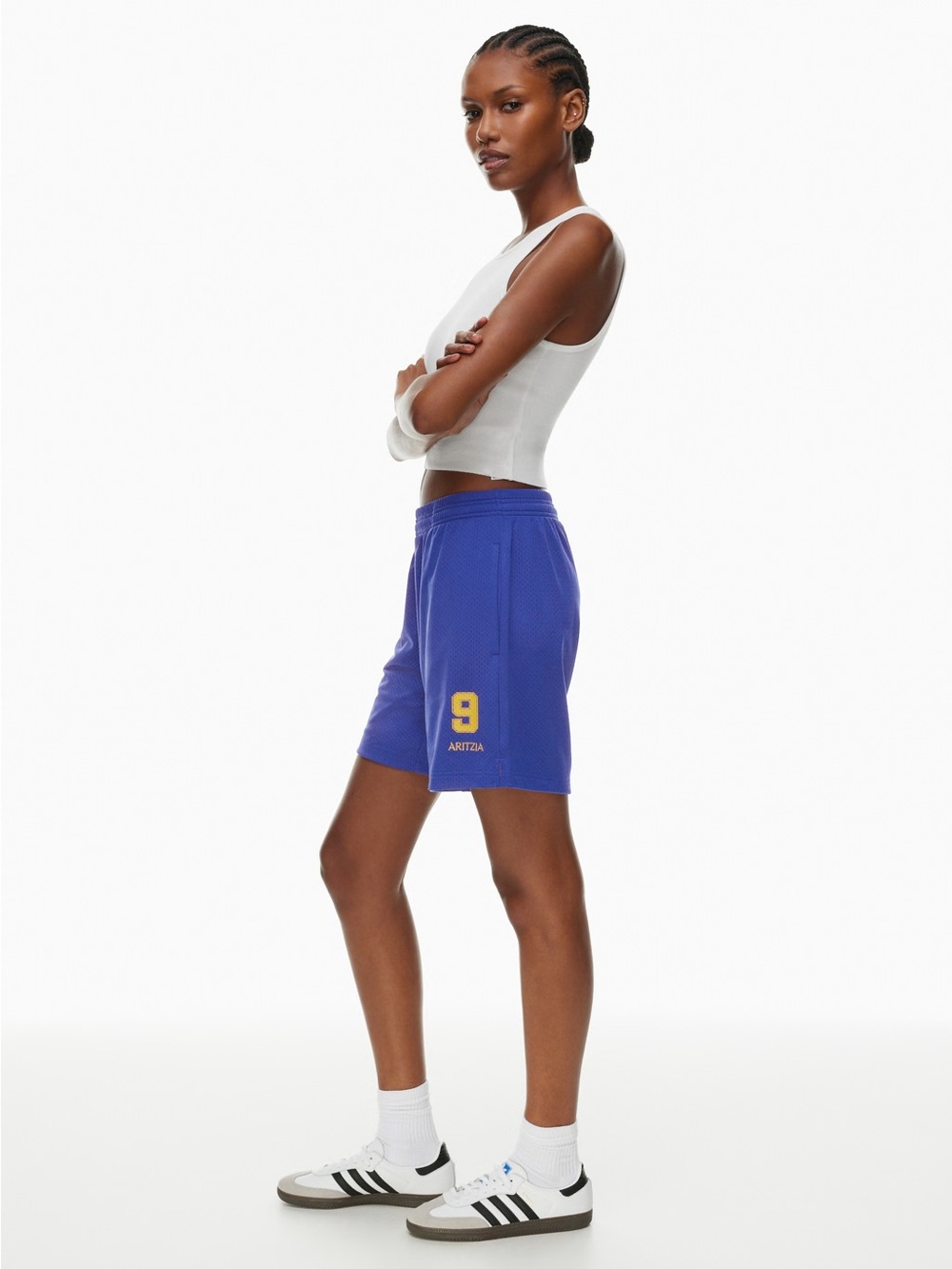 Aritzia Royal Blue Mesh Athletic Long Shorts XS with Yellow Branding